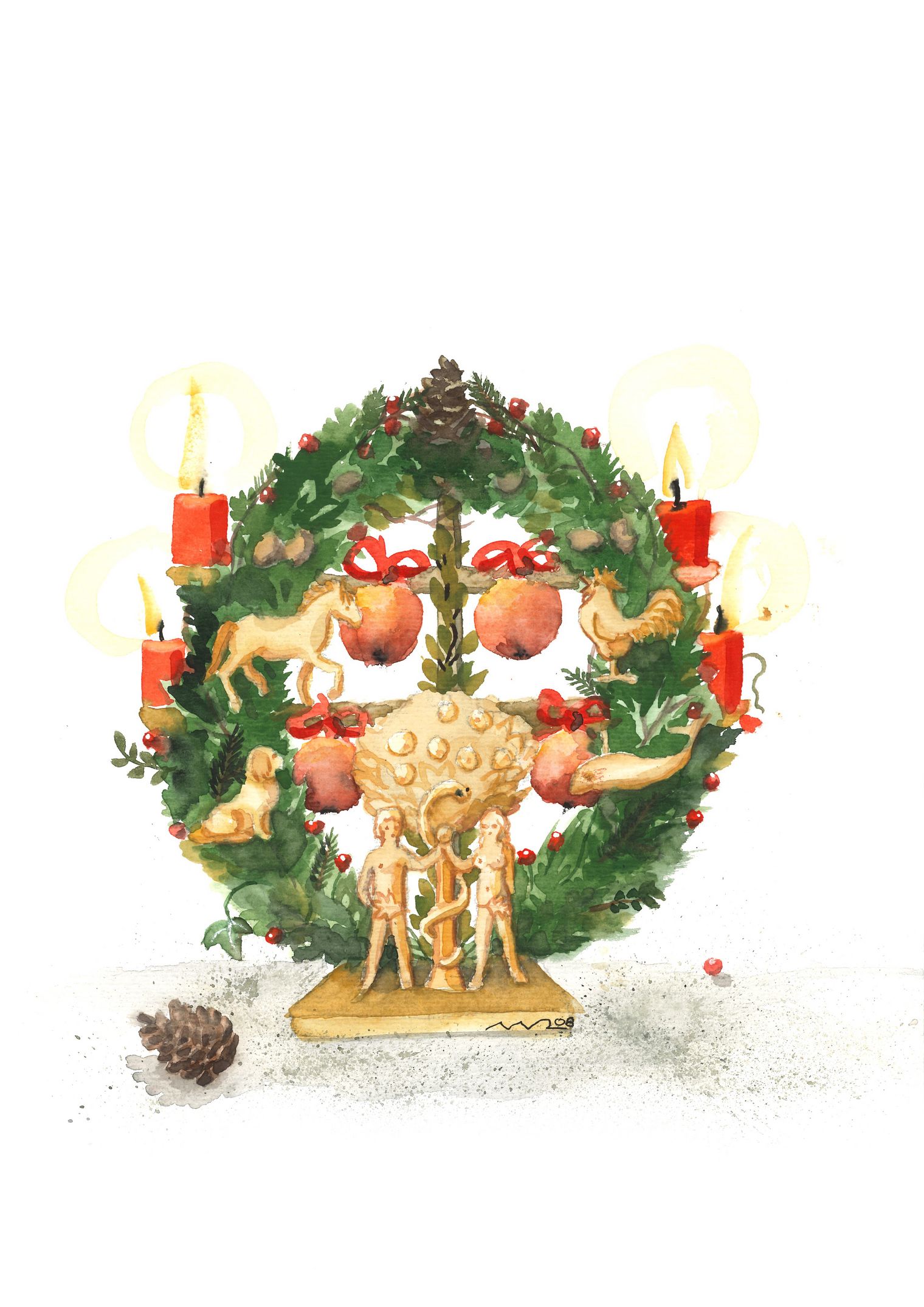 Aquarell einer traditionellen Sylter Weihnachtsdekoration, dem "Jöölboom", verziert mit roten Kerzen, Äpfeln und Figuren.