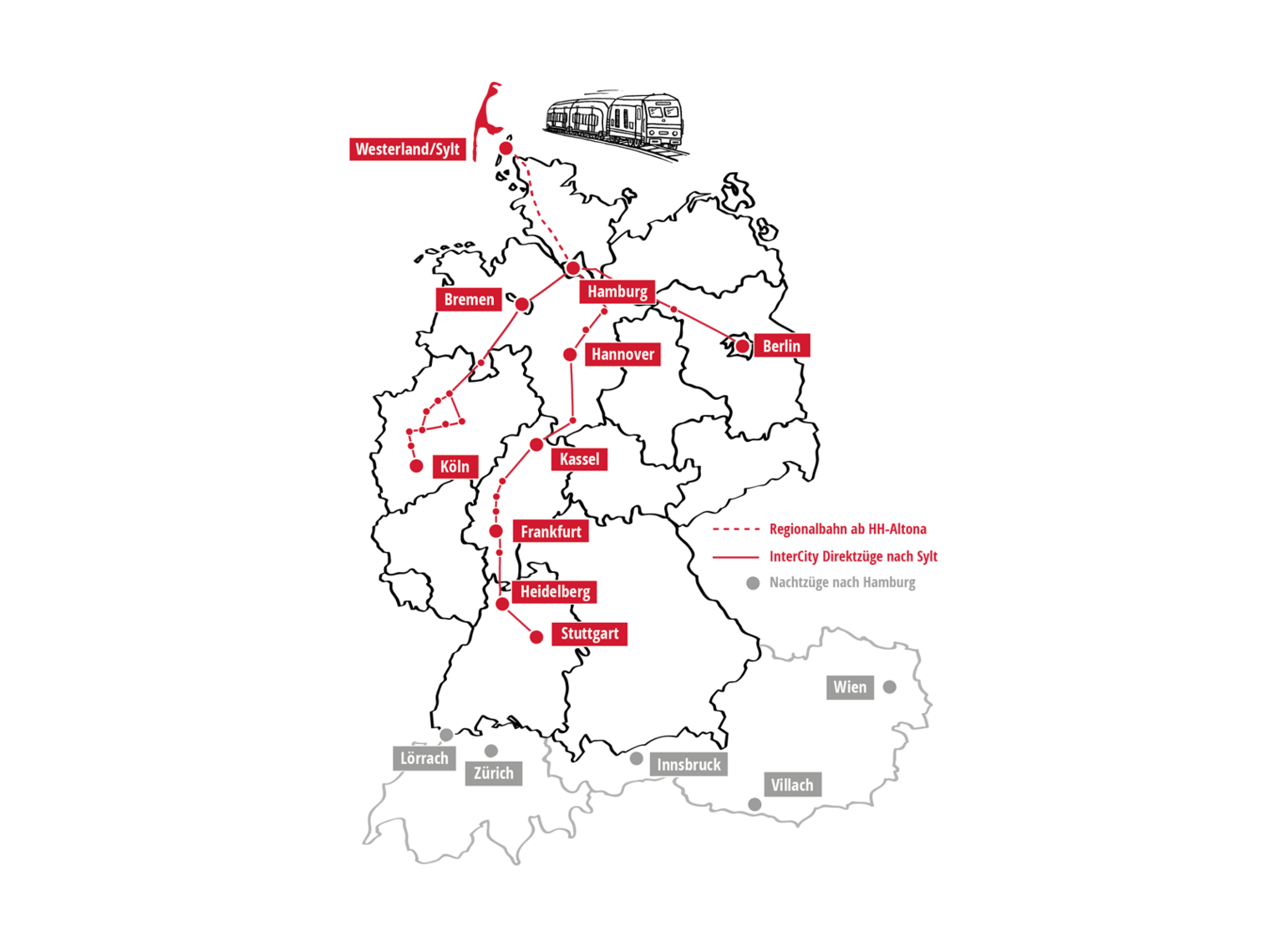 Übersichtskarte mit den Anreisemöglichkeiten mit der Bahn nach Sylt.