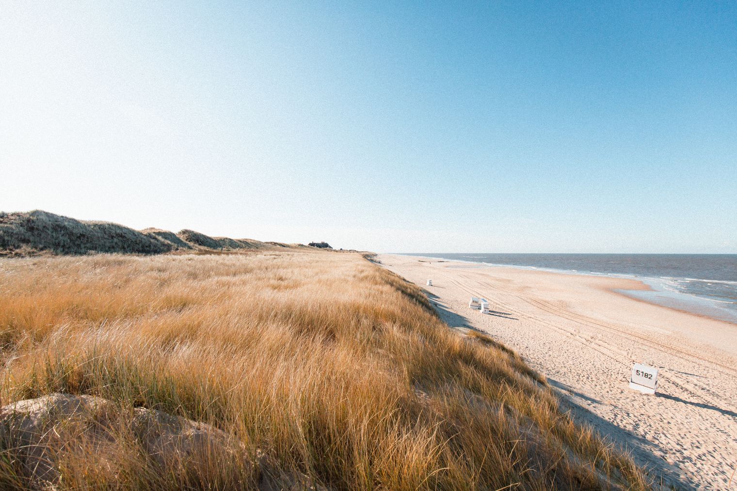 Ein weiter, menschenleerer Sandstrand mit sanften Dünen und Grasflächen am Rande. Der Himmel ist klar und blau, und das Meer erstreckt sich bis zum Horizont. Einige Strandkörbe stehen vereinzelt am Strand.