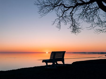 Leere Parkbank am Keitumer Kliff auf Sylt, Sonnenaufgang über stillem Wasser, umrahmt von kahlen Baumzweigen.