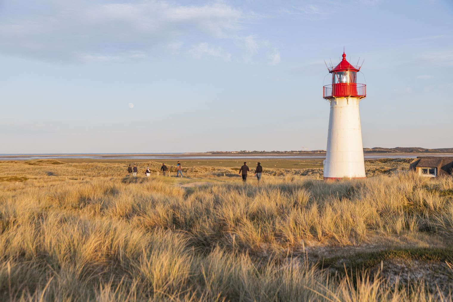 Leuchtturm in Dünenlandschaft mit Spaziergängern bei Abendstimmung.