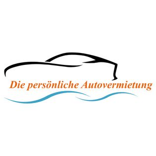 Logo mit einer stilisierten Autosilhouette in Schwarz, darunter der Text „Die persönliche Autovermietung“ in Orange und blaue Wellenlinien am unteren Rand.